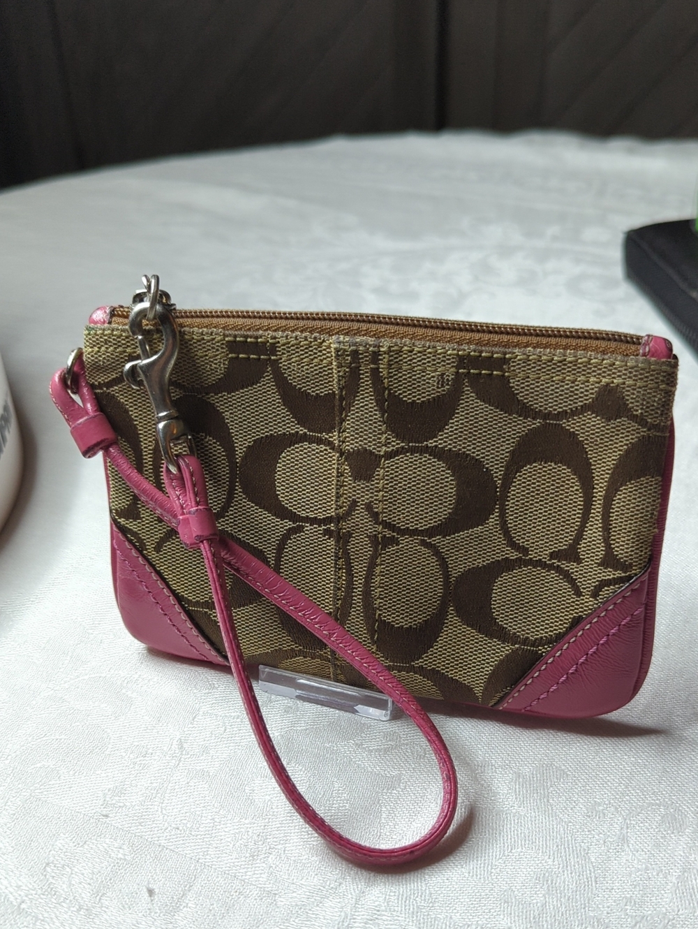 Coach Brown Signature Canvas Wristlet with Pink Leather Trim